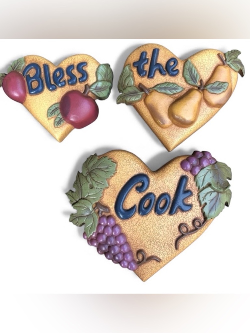 Vintage Home Interiors “Bless The Cook” 3 Plaques - Hearts Grapes Apples Pears